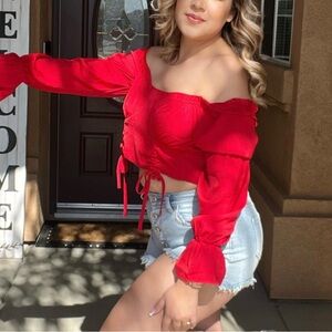 Red Off-Shoulder Ruffled Crop Top